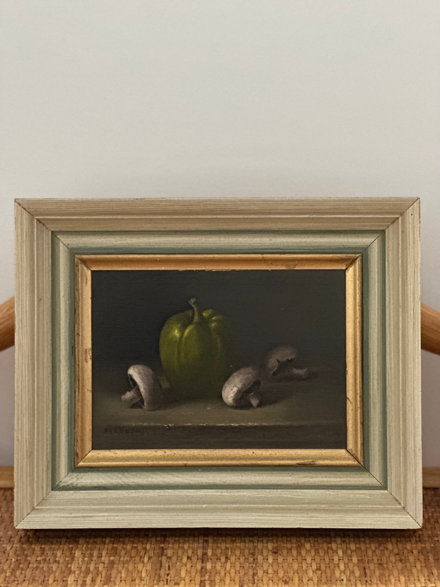 Joyce Seddon (British, 20th C) Oil on board of a green pepper and mushrooms
