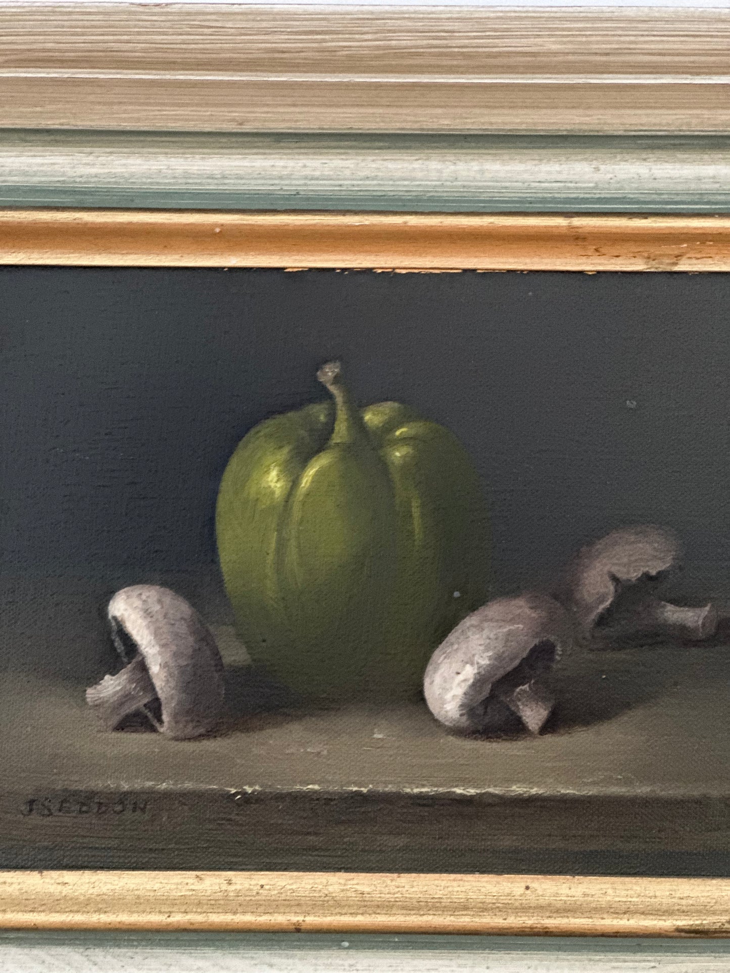 Joyce Seddon (British, 20th C) Oil on board of a green pepper and mushrooms