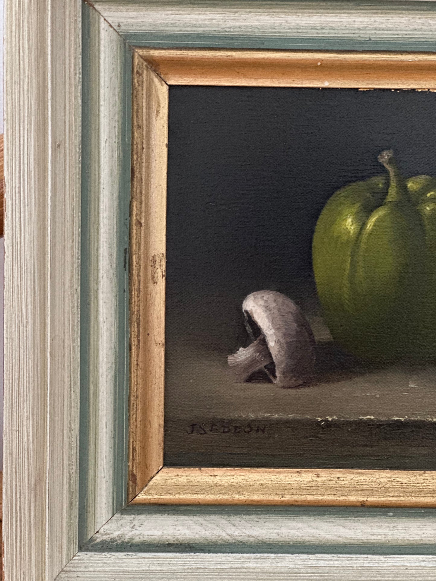 Joyce Seddon (British, 20th C) Oil on board of a green pepper and mushrooms