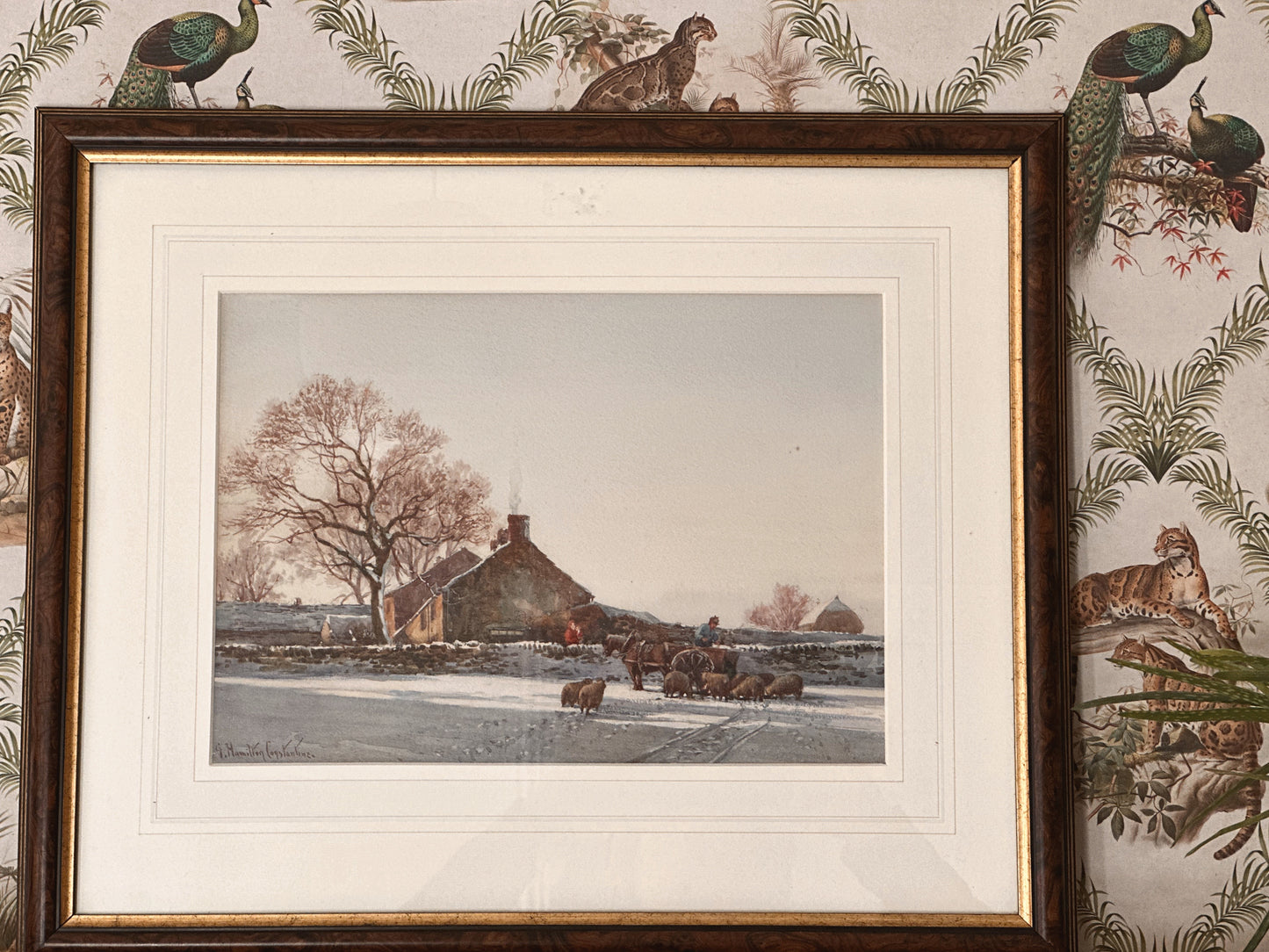 George Hamilton Constantine (b.1878) Snowy Farms with Haycart & Sheep. Pair of Watercolours (Signed)