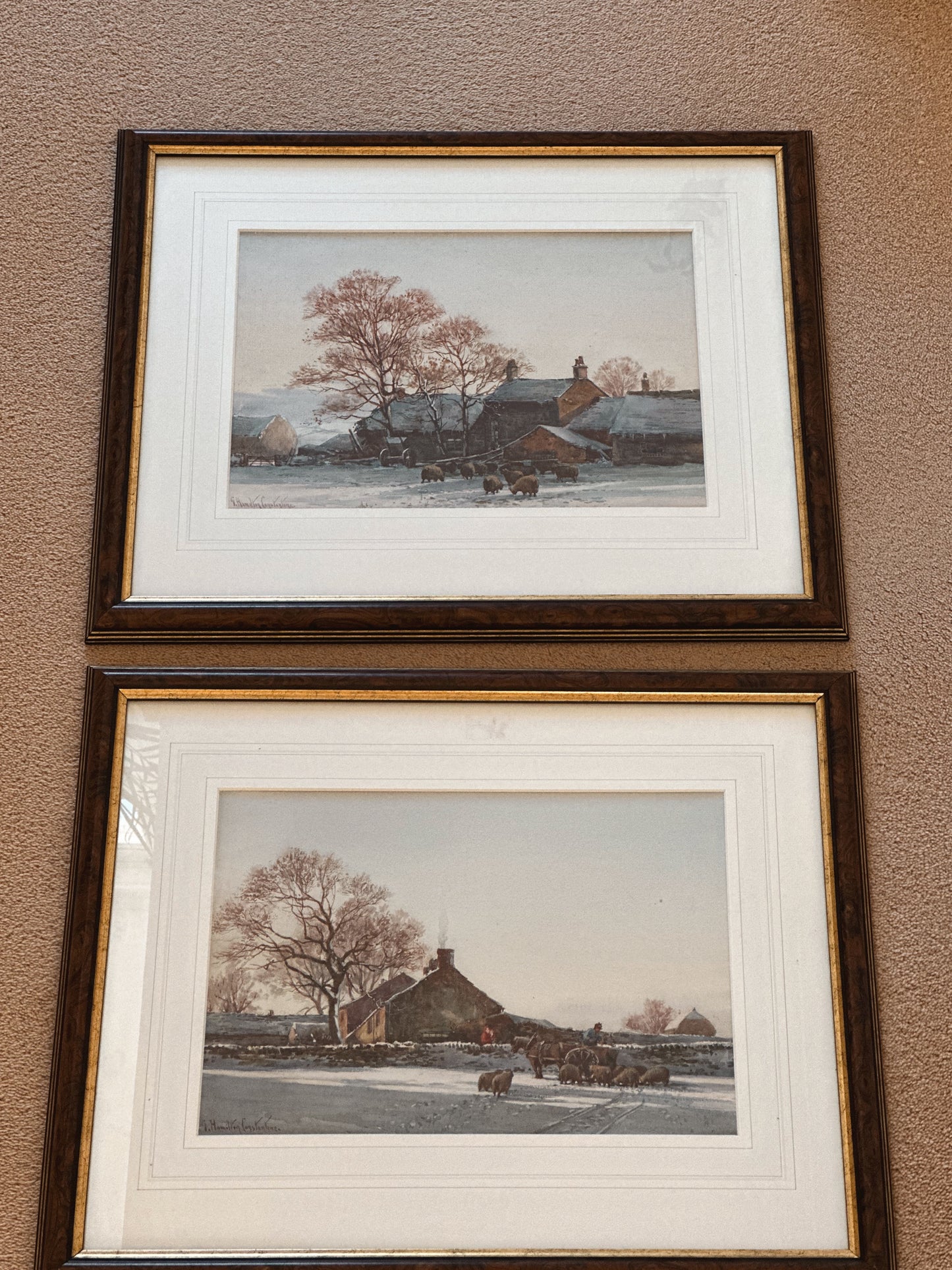 George Hamilton Constantine (b.1878) Snowy Farms with Haycart & Sheep. Pair of Watercolours (Signed)