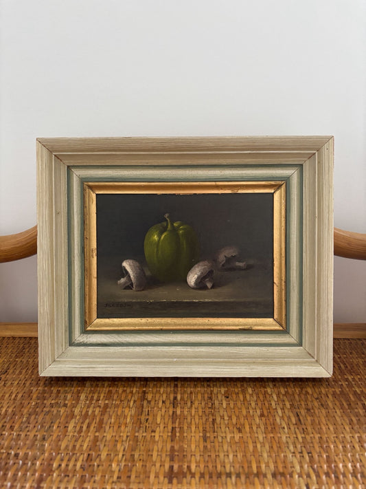 Joyce Seddon (British, 20th C) Oil on board of a green pepper and mushrooms