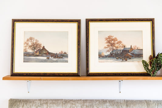 PAIR of George Hamilton Constantine (b.1878) Watercolours (Signed.) Snowy Farms with Haycart & Sheep.